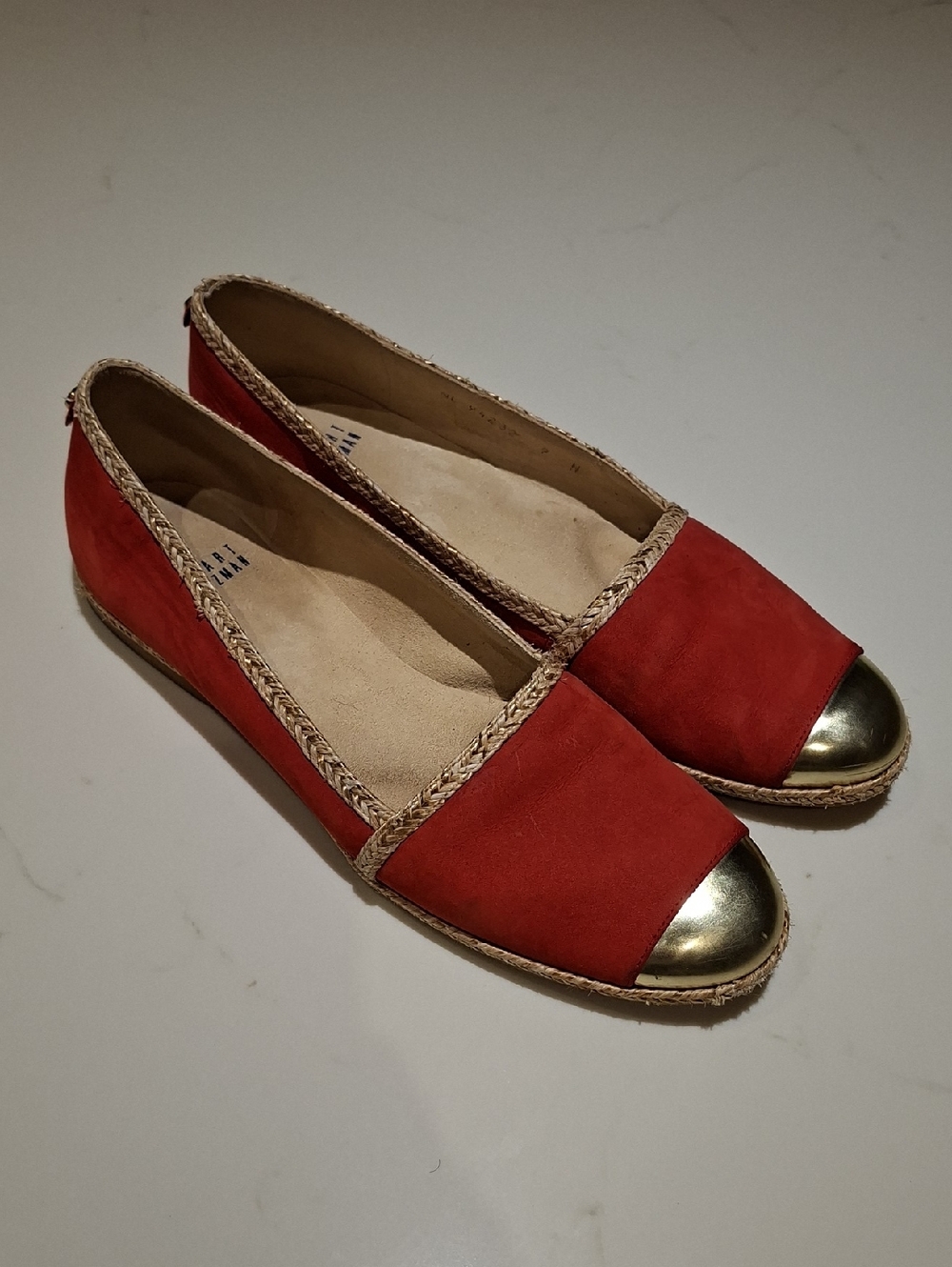 Stuart Weitzman Classic Red Suede & Jute Gold Cap-toed Espadrilles (Size US 9)